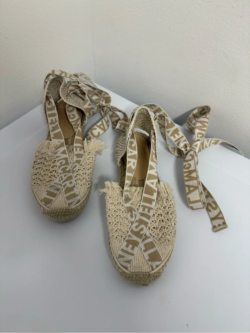Stella McCartney Ivory Woven Espadrille Logo Ribbon Flats
